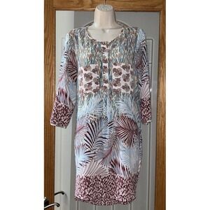 Anthropologie Fig & Flower Tropical Print 3/4 Sleeve Shirt Dress Hi-Lo Midi Sz M